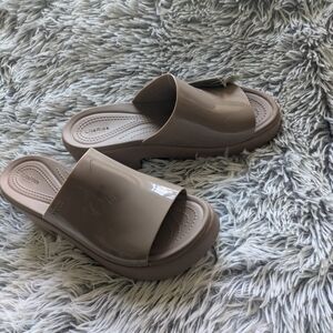 Crocs Brookly High Shine Heel Slide Taupe Sandals - Women